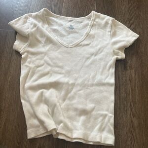 Cream V-Neck Ribbed T-Shirt
